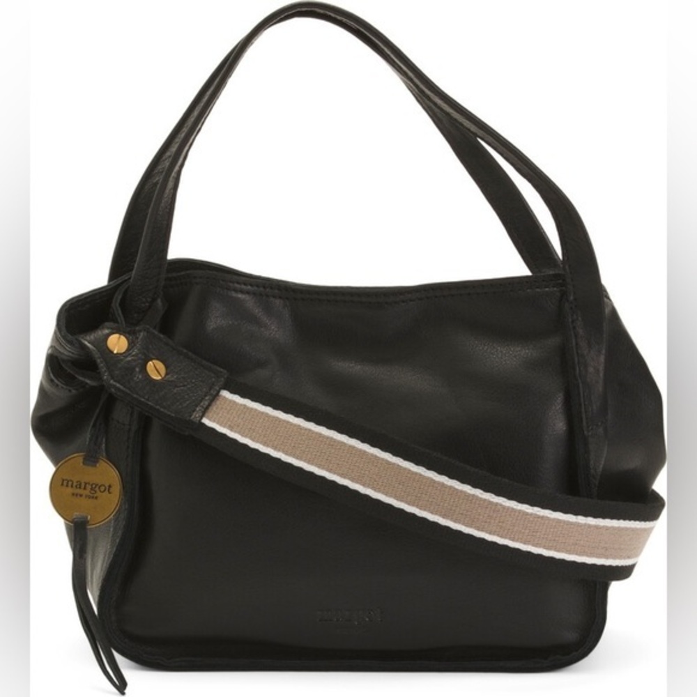 margot Black Leather Crossbody with Beige & White Strap